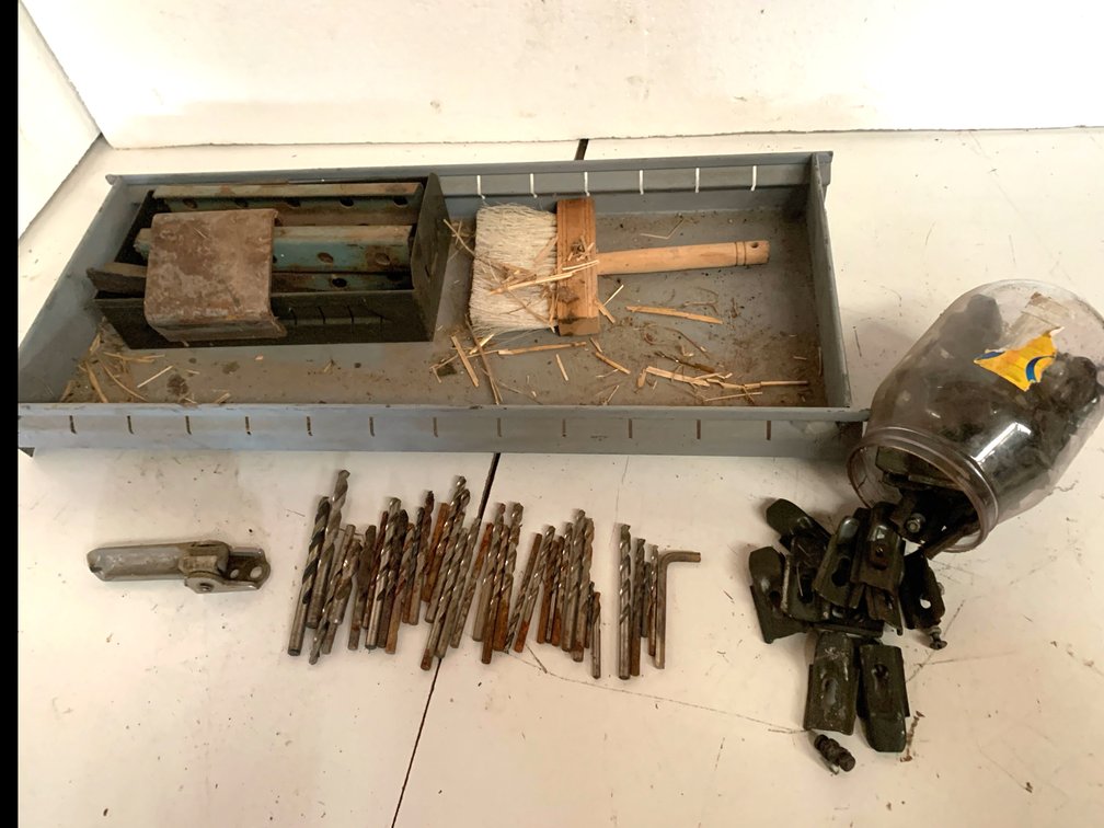 Metal Organizer Bin with Hardware, Drill Bits, and Bench Brush