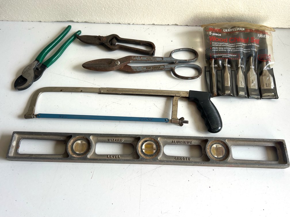Wood Chisel Set, Aluminum Level, Hacksaw, and Cutting Tools