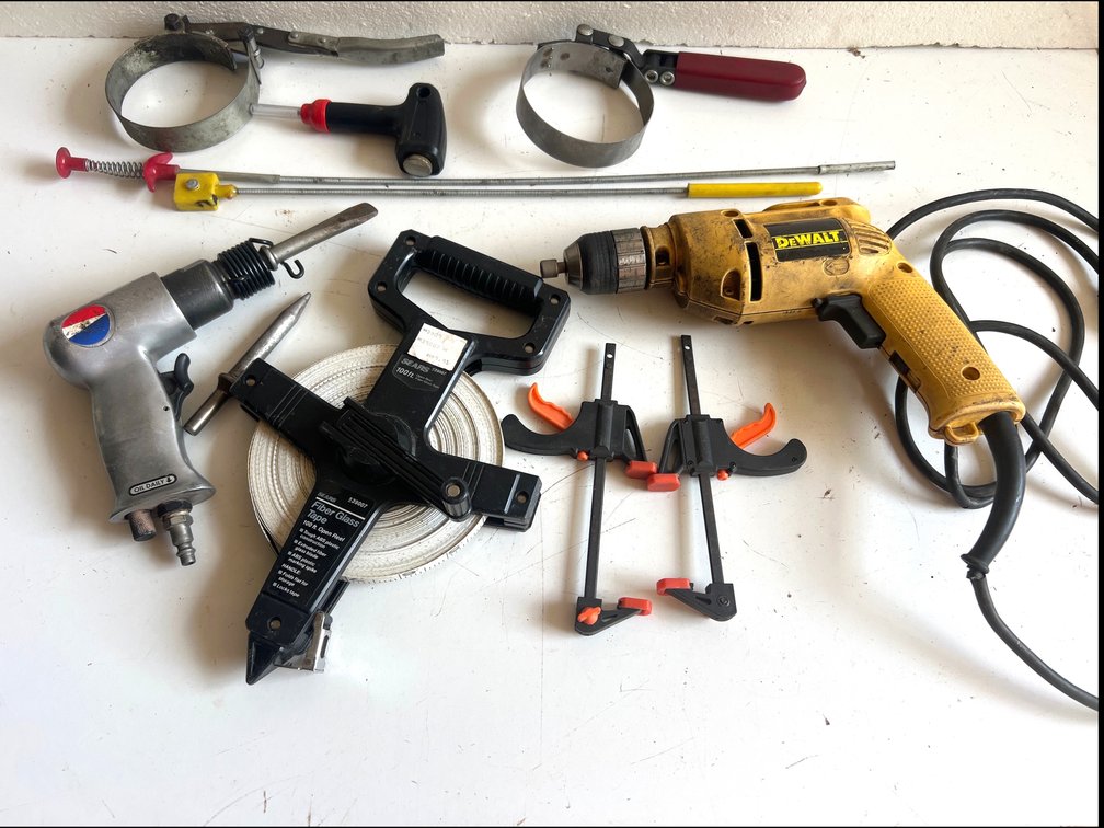 Corded Drill, Pneumatic Air Hammer, Tape Measure, and More