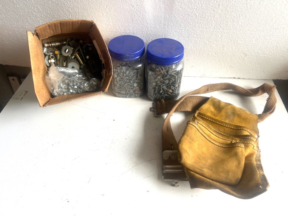 Suede Leather Tool Pouch, Roofing Nails, and Hardware