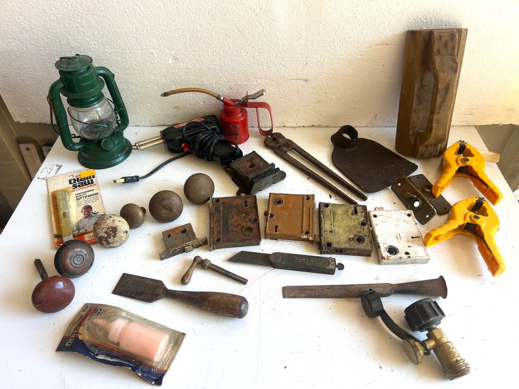 Kerosene Lantern, Soldering Gun, Door Hardware, and Hand Tools