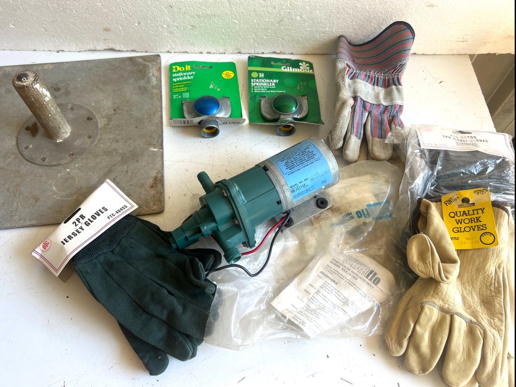 12V DC Water Pump, Mortar Hawk, Lawn Sprinklers, and Work Gloves