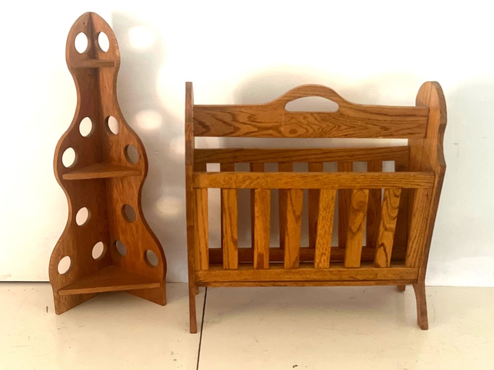 Oak Slatted Magazine Rack and Wooden Corner Shelf