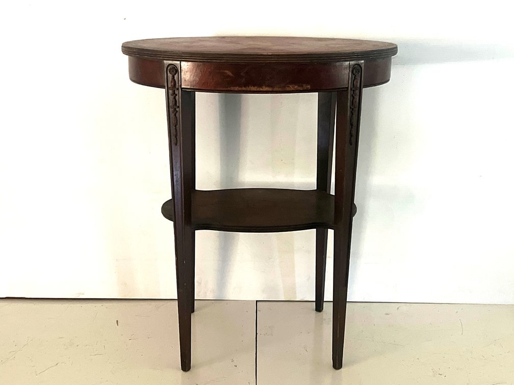 Carved Dark Wood Oval Two-Tier Side Table