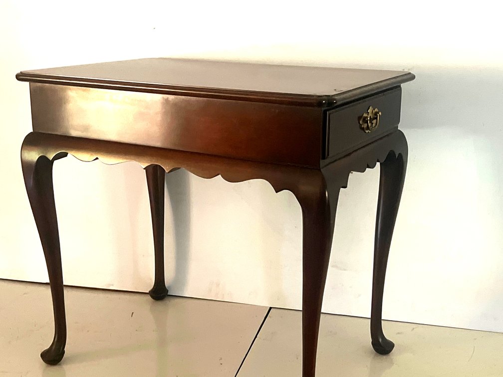 Queen Anne Style Dark Wood Side Table with Drawer