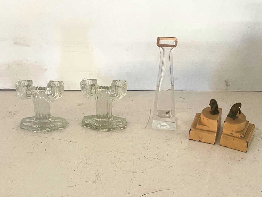 Glass Candleholders, Bud Vase, and Penguin Bookends