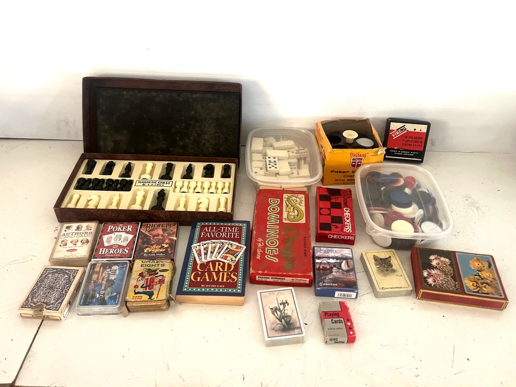 Chess Set, Dominoes, Checkers, Poker Chips, and Playing Cards