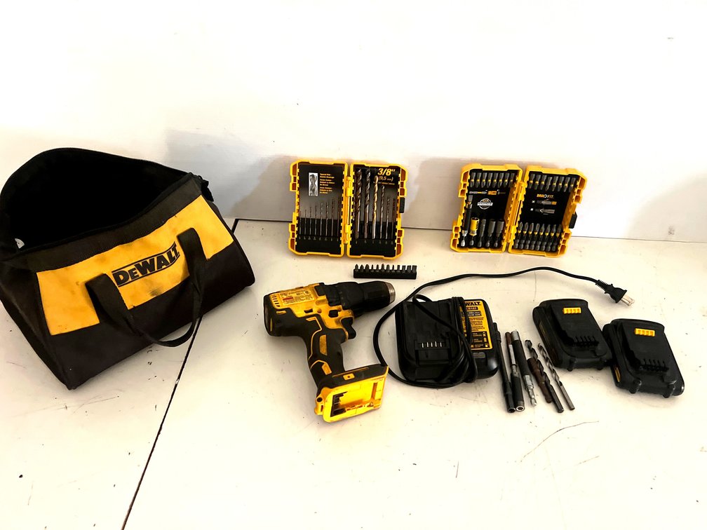 Cordless Drill Driver, Charger, Batteries, Bit Sets, and Tool Bag
