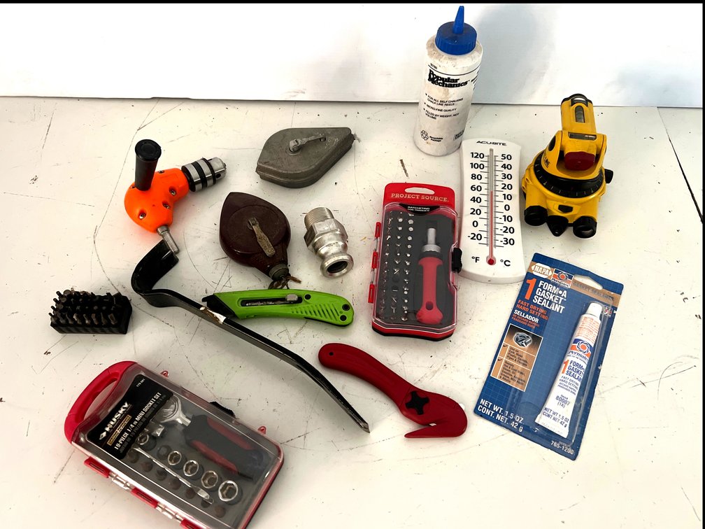 Laser Level, Socket Set, Drill Attachment, Hand Tools, and More