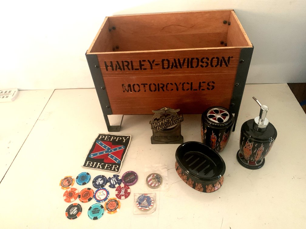 Motorcycle Themed Decor, Wooden Crate, Plaque, and Collectibles