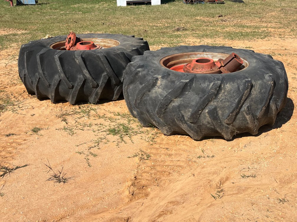 Pair of 20.8-34 Tractor Tires on Rims with Cast Hubs