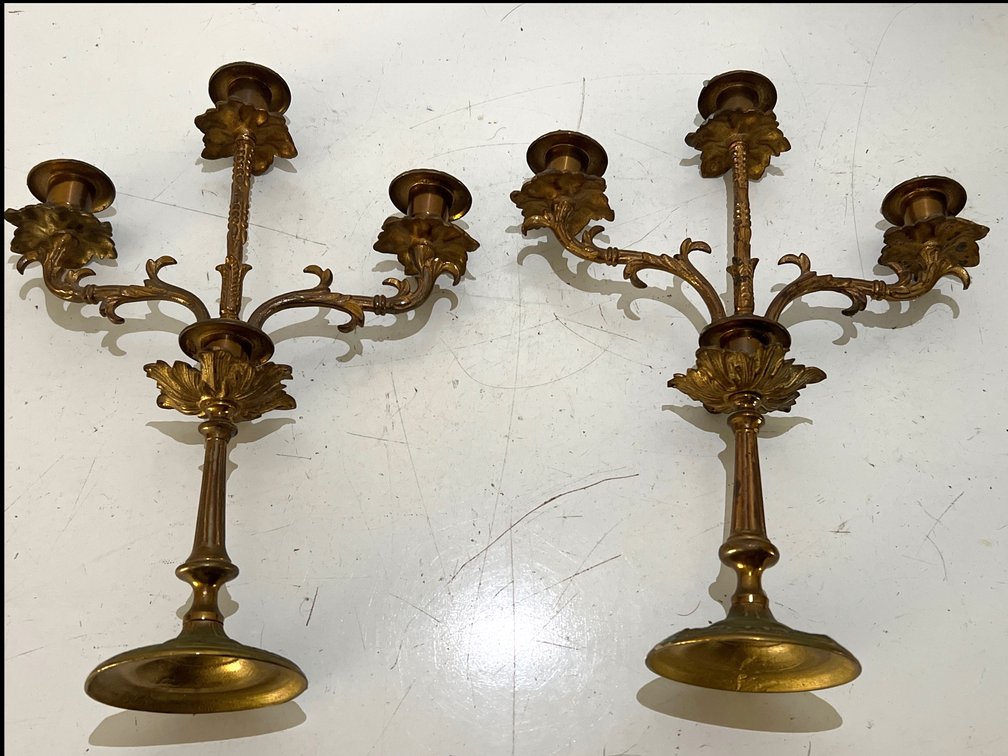 Pair of Brass-Tone Three-Light Candelabra