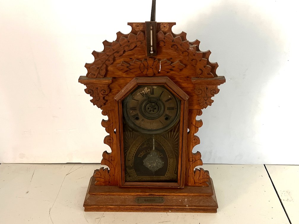 E. Ingraham Carved Wood Mantel Clock with Thermometer