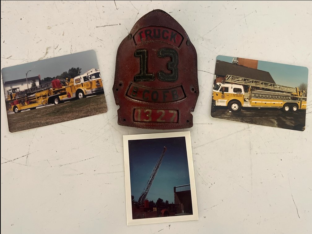 Leather Firefighter Helmet Shield and Fire Truck Photographs