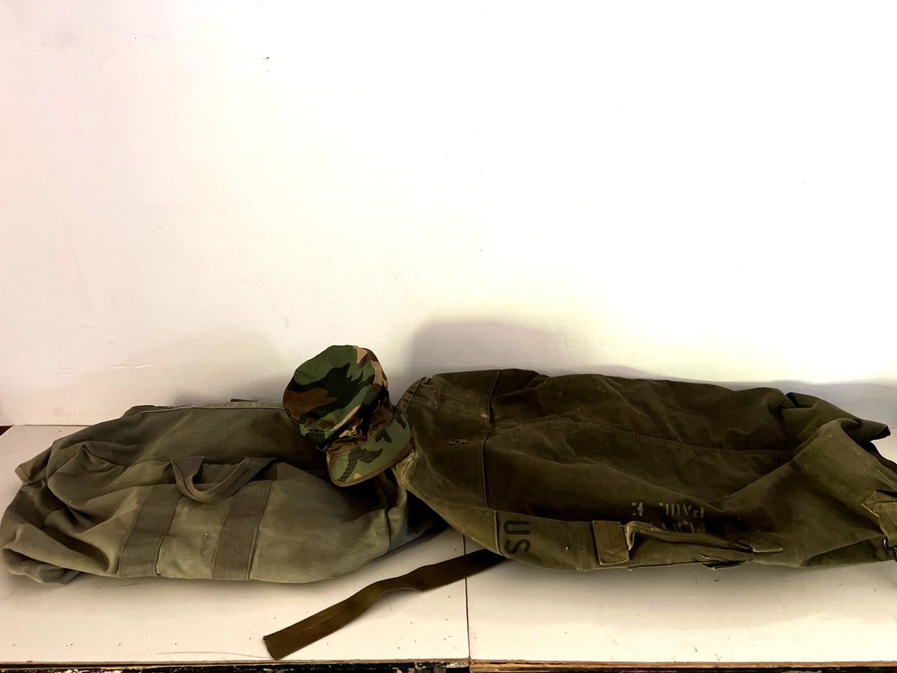 Military Canvas Duffel Bags and Woodland Camouflage Patrol Cap