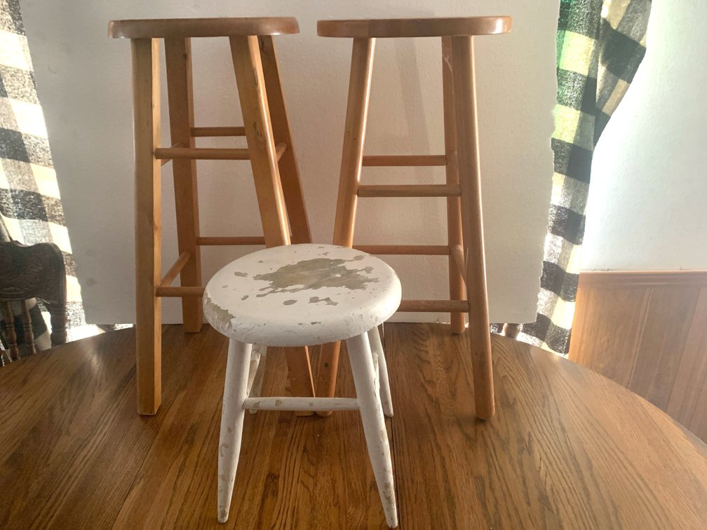 Two Wooden Barstools and One Low Wooden Stool