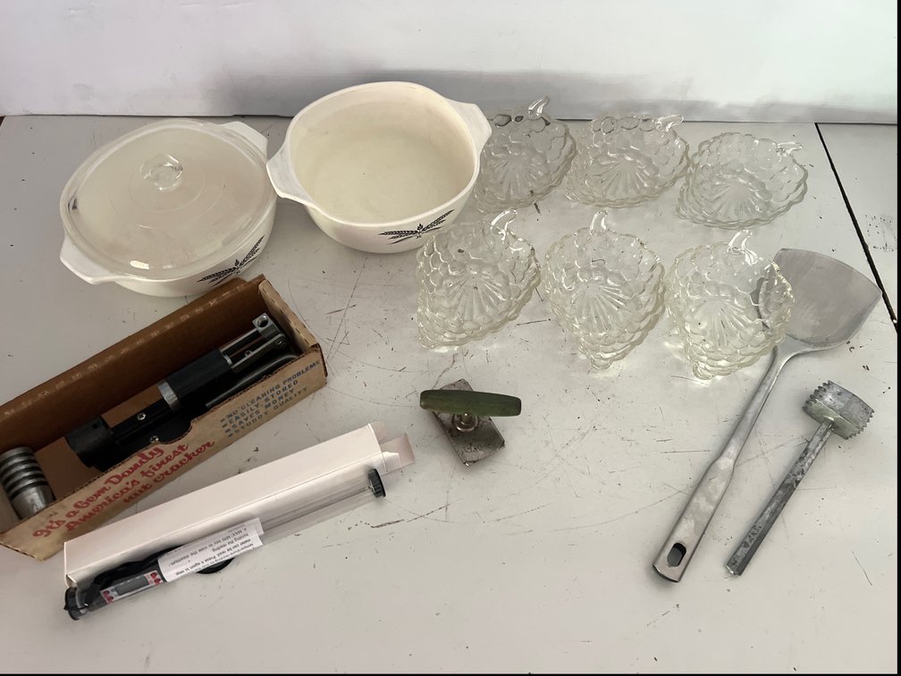 Glass Casserole Dishes, Glass Bowls, Nutcracker, and Utensils