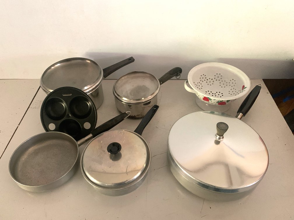 Cookware Collection with Lids, Egg Poacher Insert, and Enamel Colander