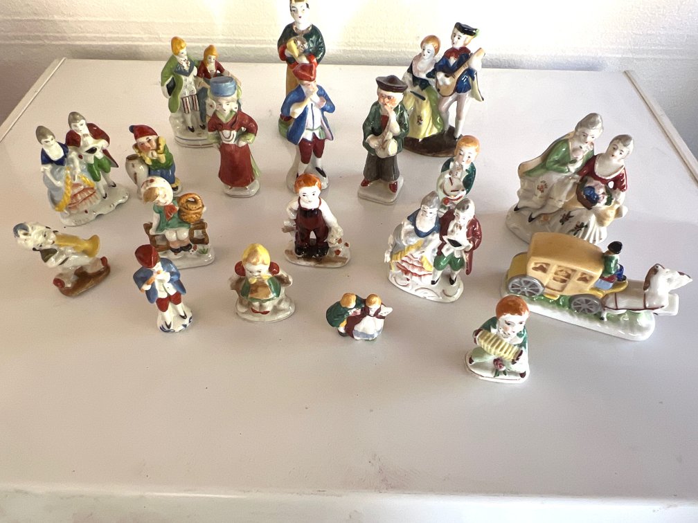 Miniature Painted Porcelain Figurines and Carriage