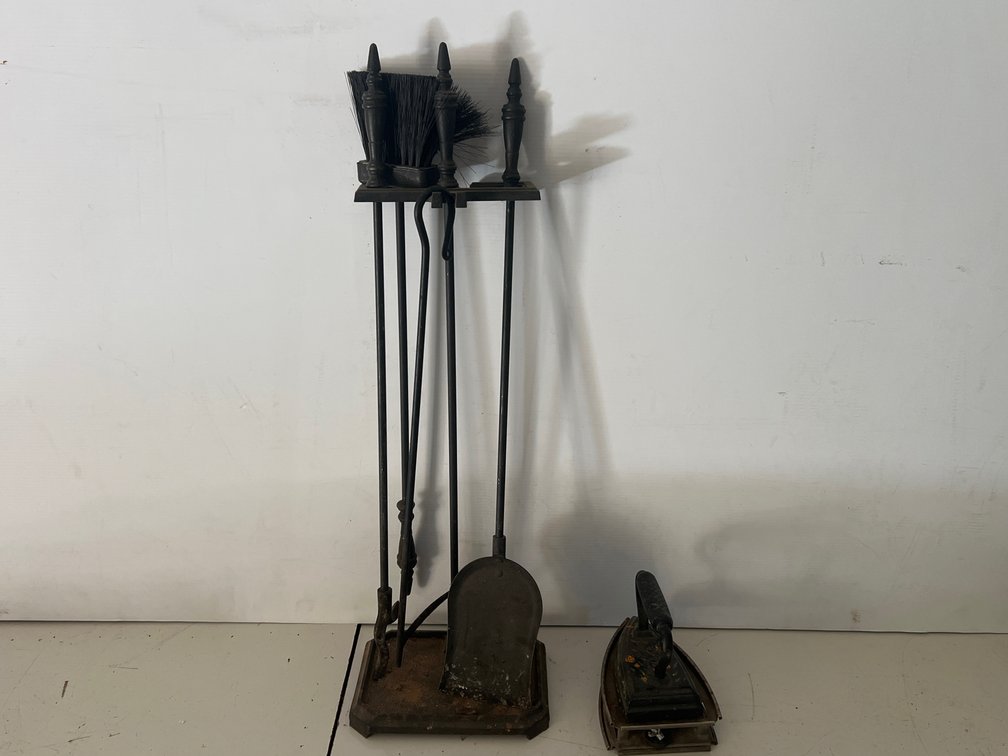 Fireplace Tool Set and Painted Cast Iron Sad Iron