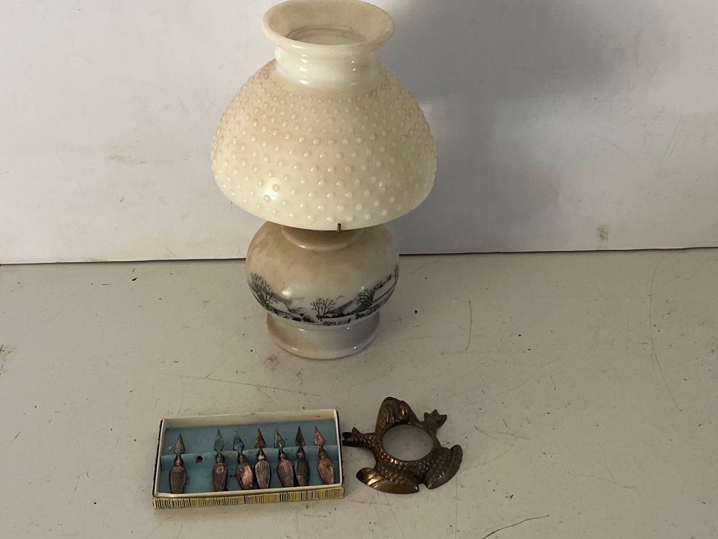 Oil Lamp, Frog Magnifying Glass, and Corn Holders