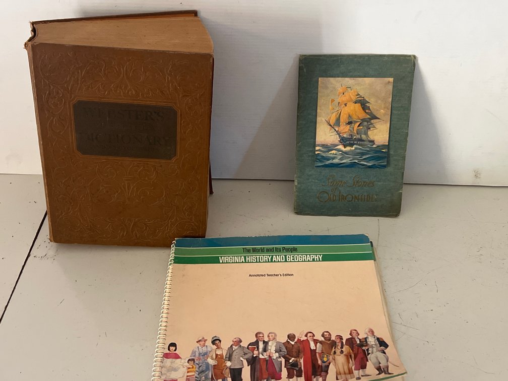 Webster's Dictionary, Old Ironsides Booklet, and Textbook