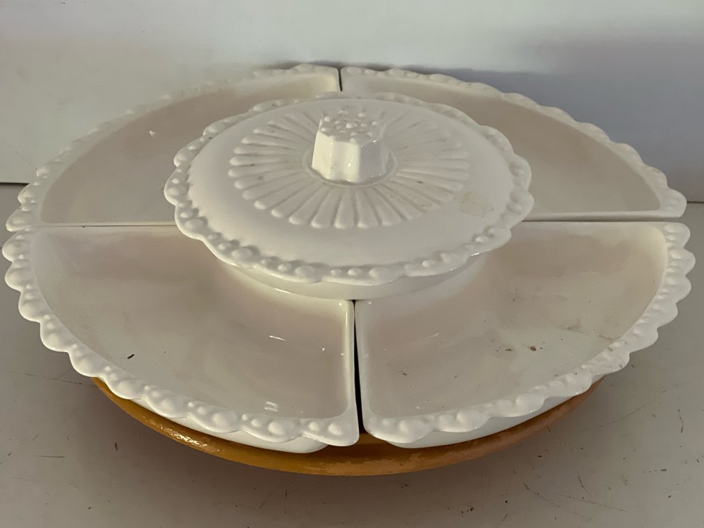 White Ceramic Lazy Susan Divided Serving Set