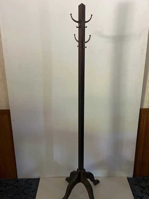 Dark-Stained Wood Coat Tree with Metal Hooks