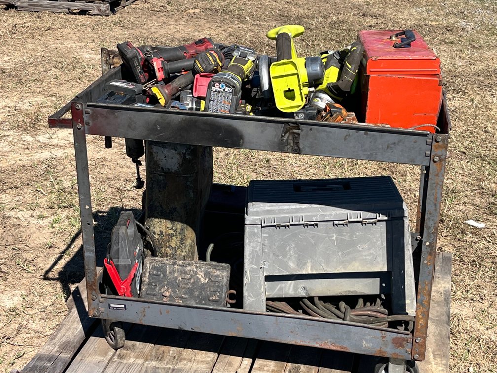 Misc Contents, Metal Utility Cart with Power Tools, Toolboxes, and Trolley Jack