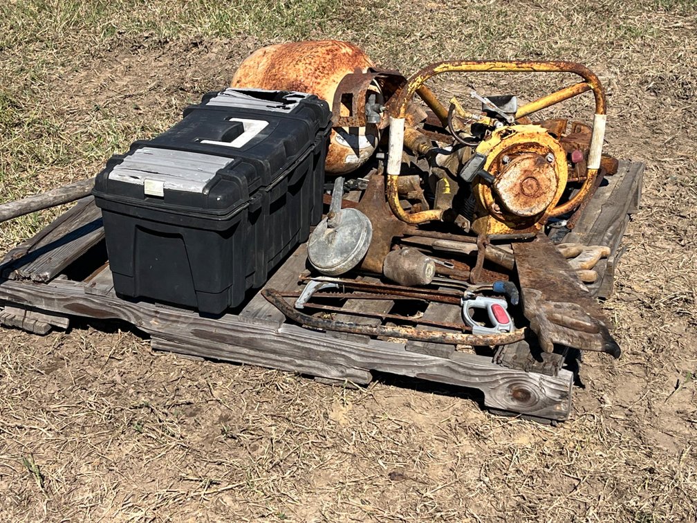 Gas-Powered Earth Auger, Bench Vise, Tool Chest, and Tools