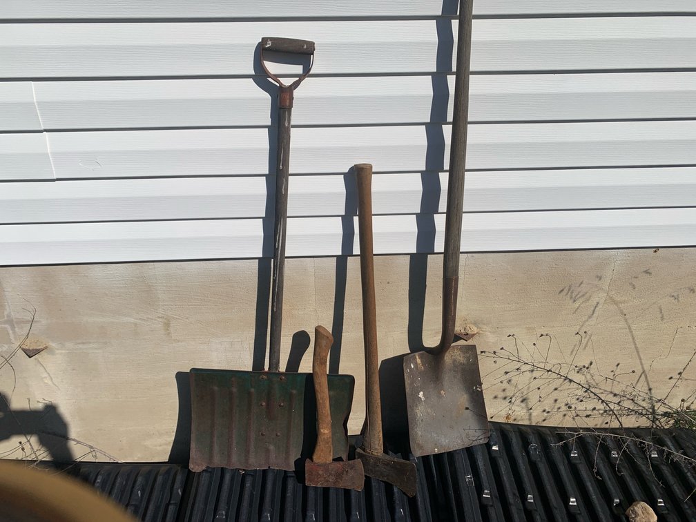Snow Shovel, Transfer Shovel, Felling Axe, and Hatchet