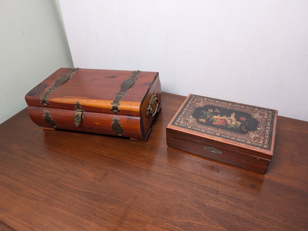 Two Wood Jewelry Chests With Contents