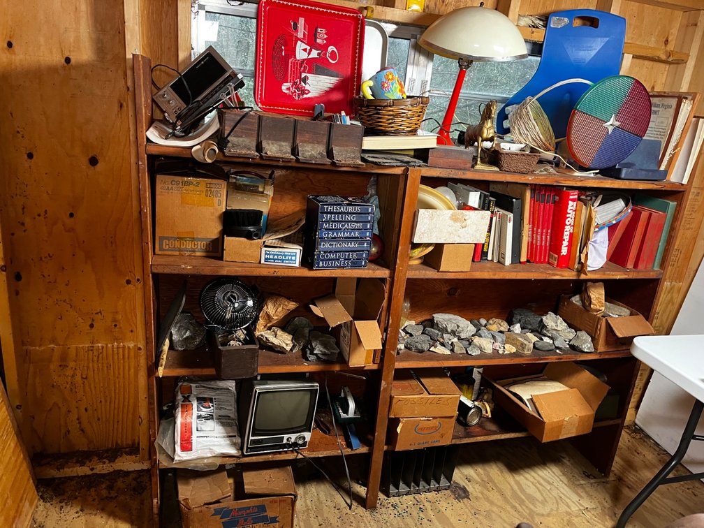 Wooden Shelf and Contents