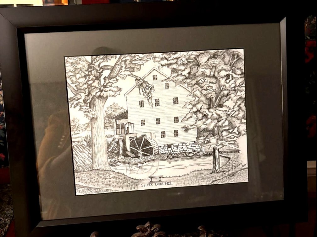 Original Pencil Drawing Of Silver Lake Mill