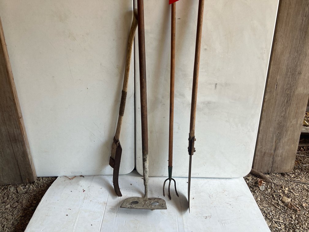 2 Brush Cutters, Concrete Hoe, Rake