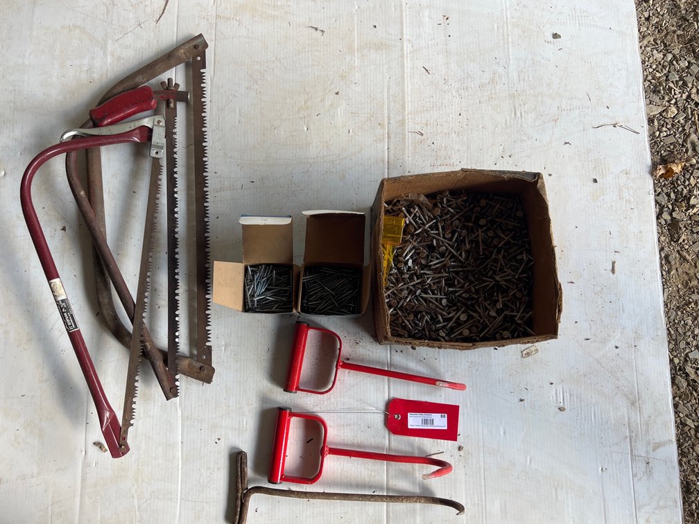 Assorted Hay Hooks, Bow Saws and Nails
