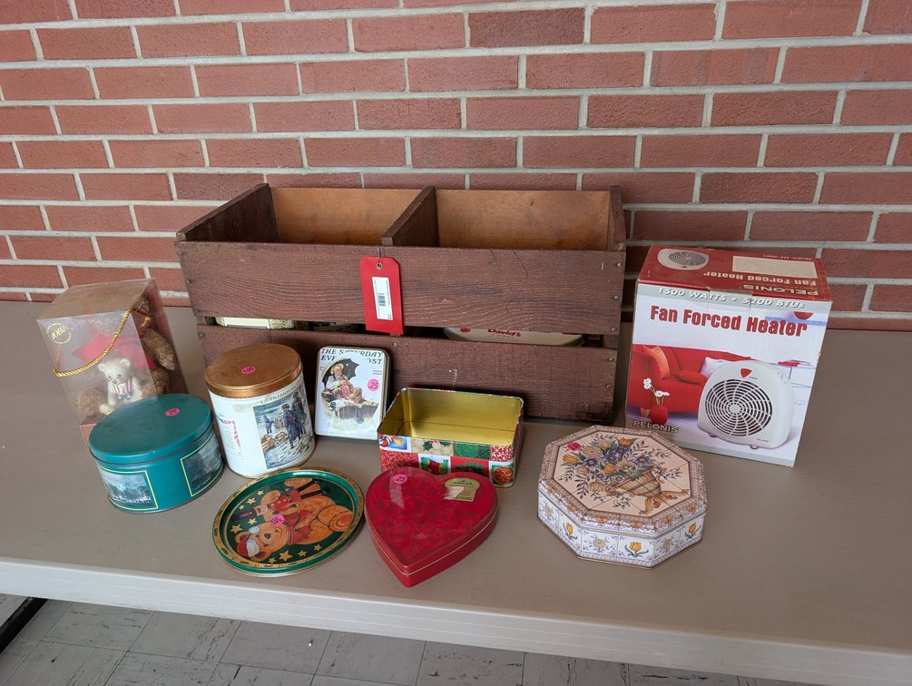 Crate With Pelonis Heater, Misc Tins