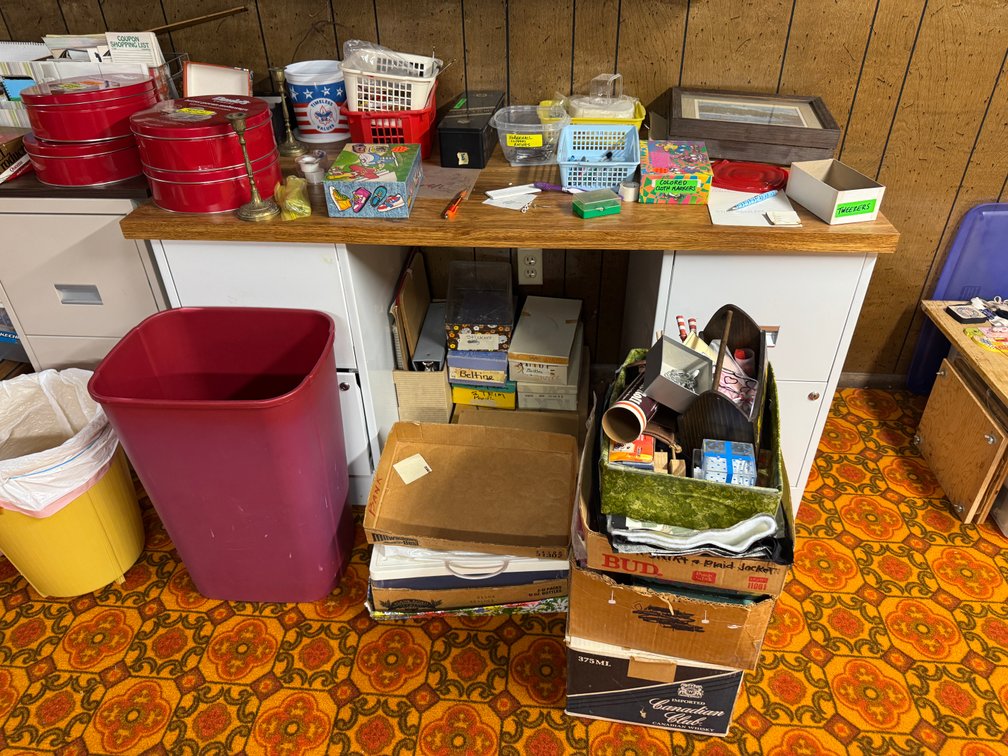 Contents of West Basement wall, Desks, Bookshelf's, beads, craft materials, Trash cans photo 2