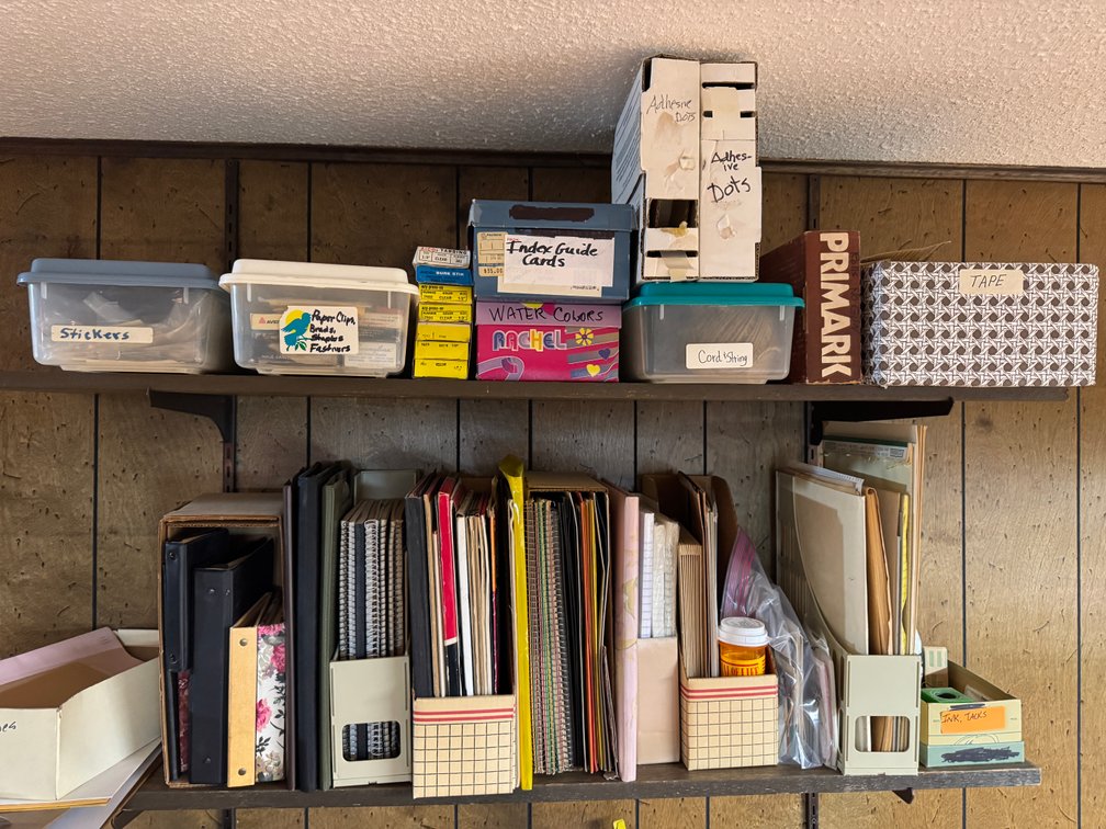 Contents of West Basement wall, Desks, Bookshelf's, beads, craft materials, Trash cans photo 5