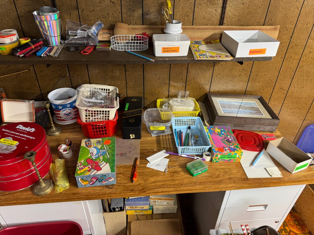 Contents of West Basement wall, Desks, Bookshelf's, beads, craft materials, Trash cans photo 6