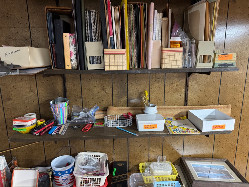 Contents of West Basement wall, Desks, Bookshelf's, beads, craft materials, Trash cans photo 7