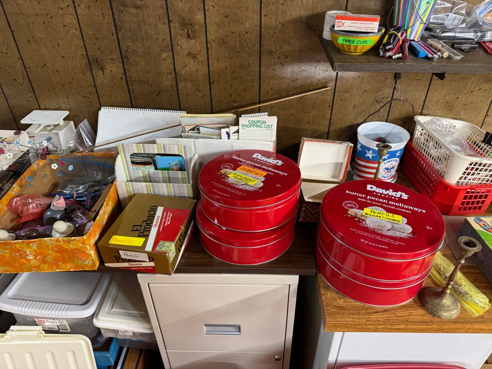 Contents of West Basement wall, Desks, Bookshelf's, beads, craft materials, Trash cans photo 8