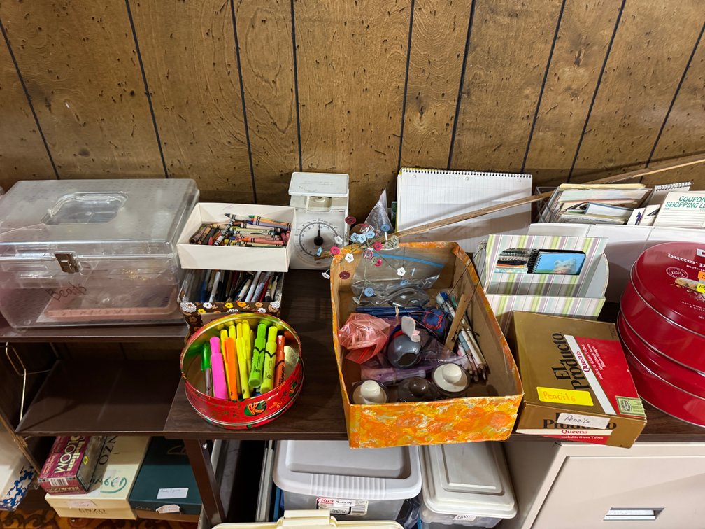 Contents of West Basement wall, Desks, Bookshelf's, beads, craft materials, Trash cans photo 9