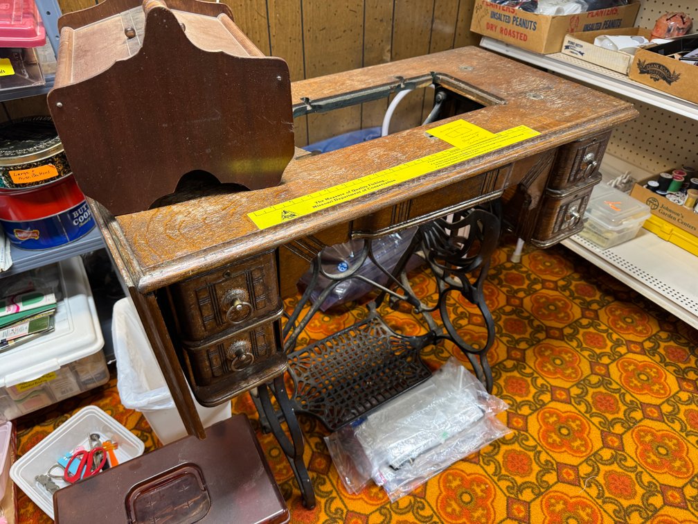 Contents of North basement wall, sewing, fabric, material, misc. craft materials, vintage treadle sewing machine stand- no top photo 8