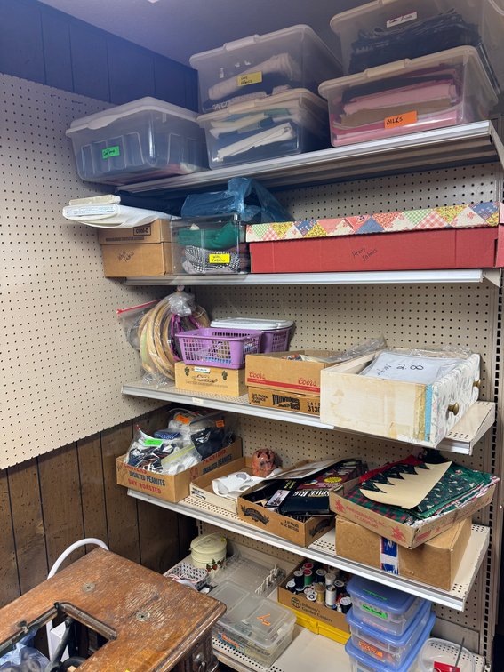 Contents of North basement wall, sewing, fabric, material, misc. craft materials, vintage treadle sewing machine stand- no top photo 9