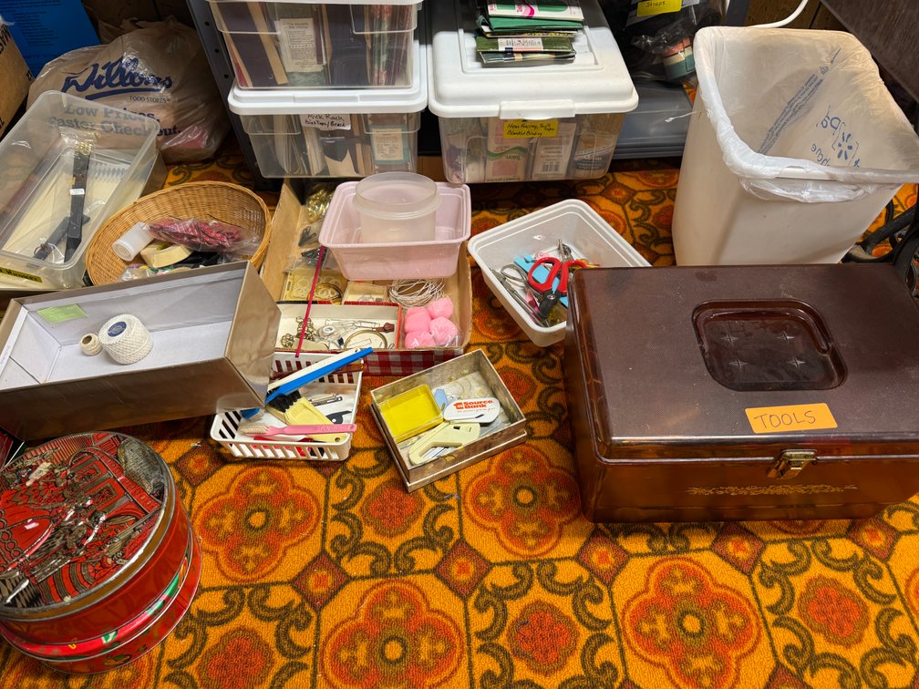 Contents of North basement wall, sewing, fabric, material, misc. craft materials, vintage treadle sewing machine stand- no top photo 6