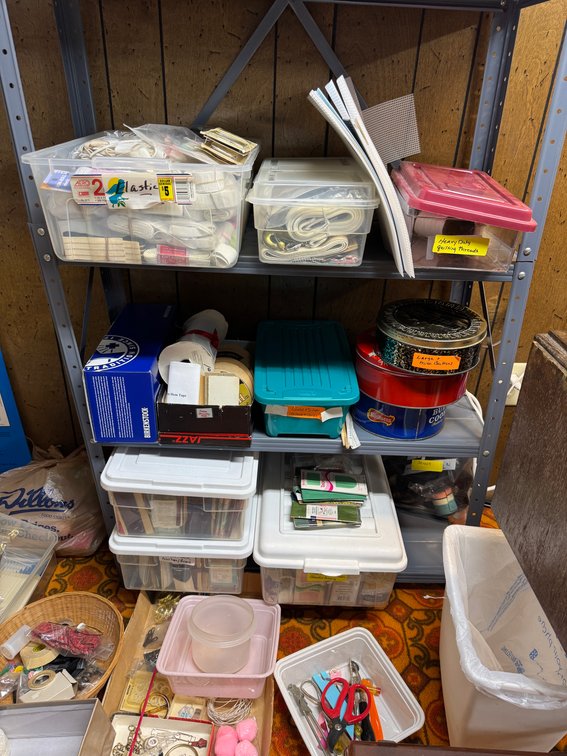 Contents of North basement wall, sewing, fabric, material, misc. craft materials, vintage treadle sewing machine stand- no top photo 7