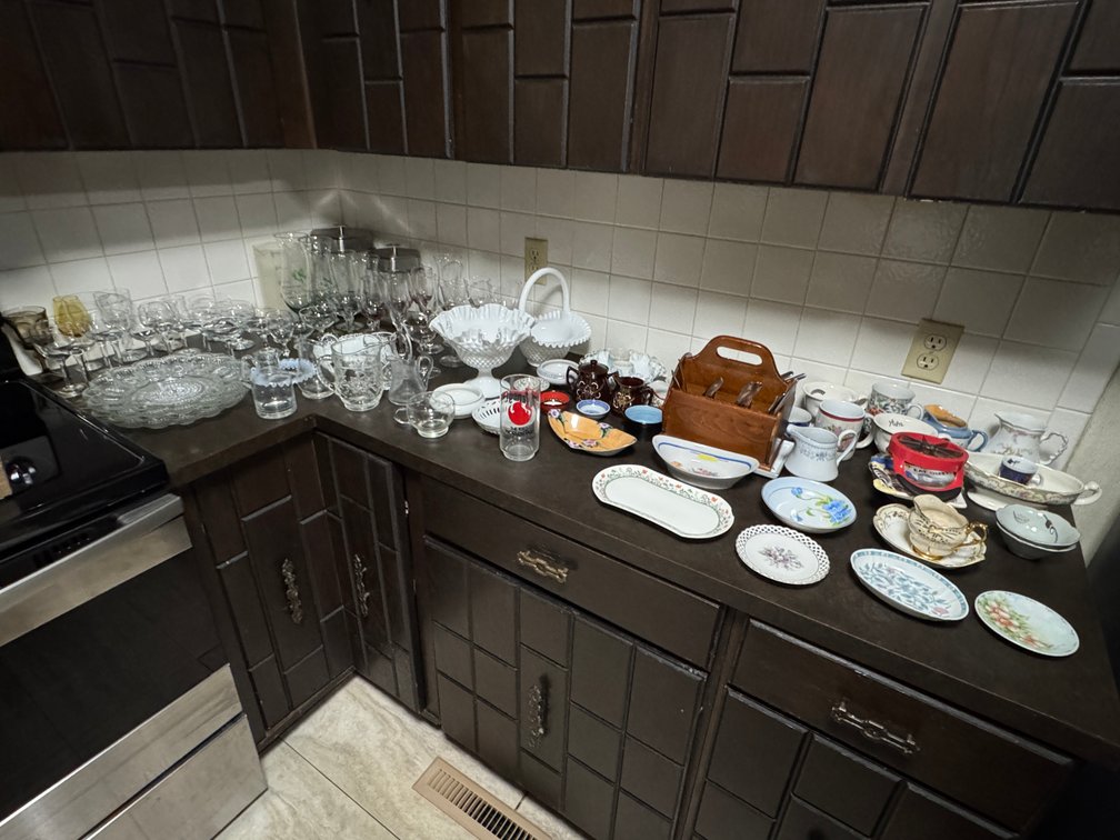 Contents of Counter, Glassware, dishes, wine glasses
