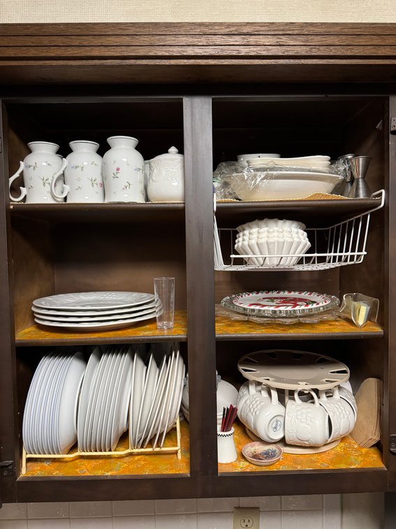 Plates, Mugs, dishes, contents of cabinet