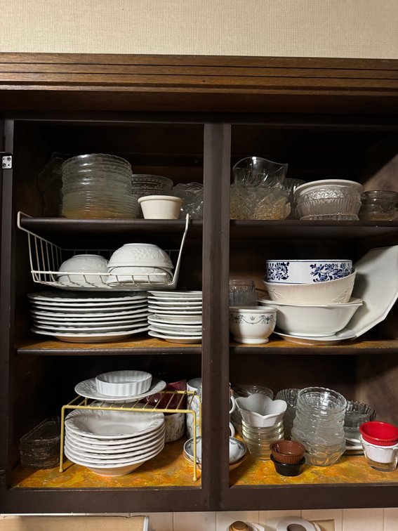 Dishes, Bowls, Plates, Glassware, contents of cabinet